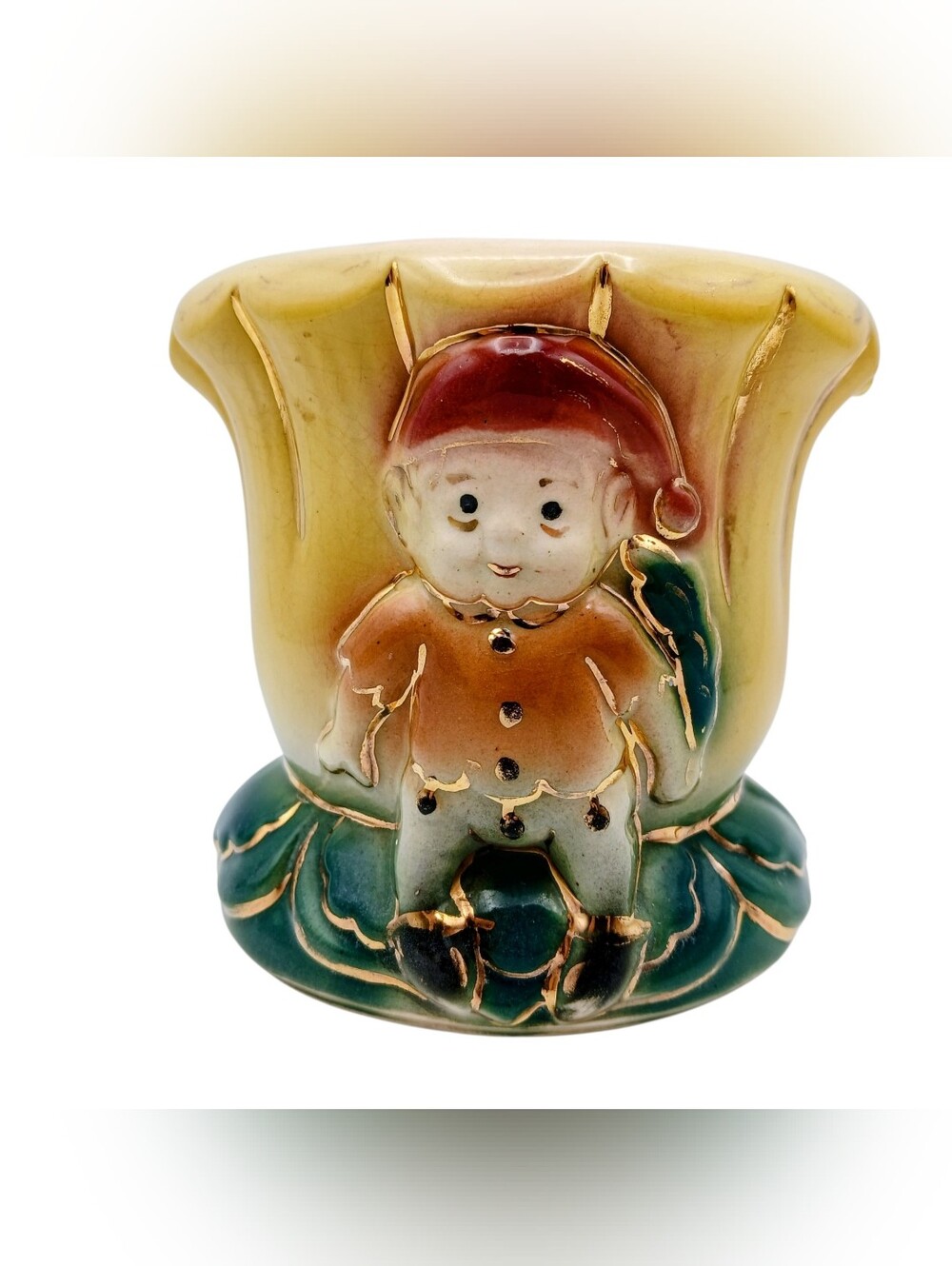 Vintage Mid Century Pixie Elf Ceramic Planter Vase Gold Trim